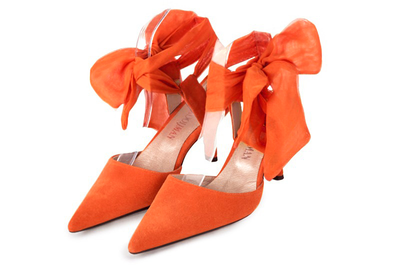 Clementine orange women's open back shoes, with an ankle scarf. Pointed toe. High slim heel. Front view - Florence KOOIJMAN